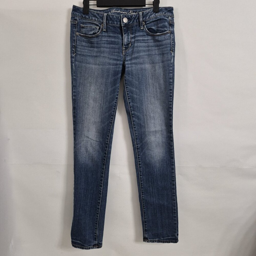 American Eagle Womens 8 Stretch Skinny Faded Distressed Denim Blue Jeans 31x30.5